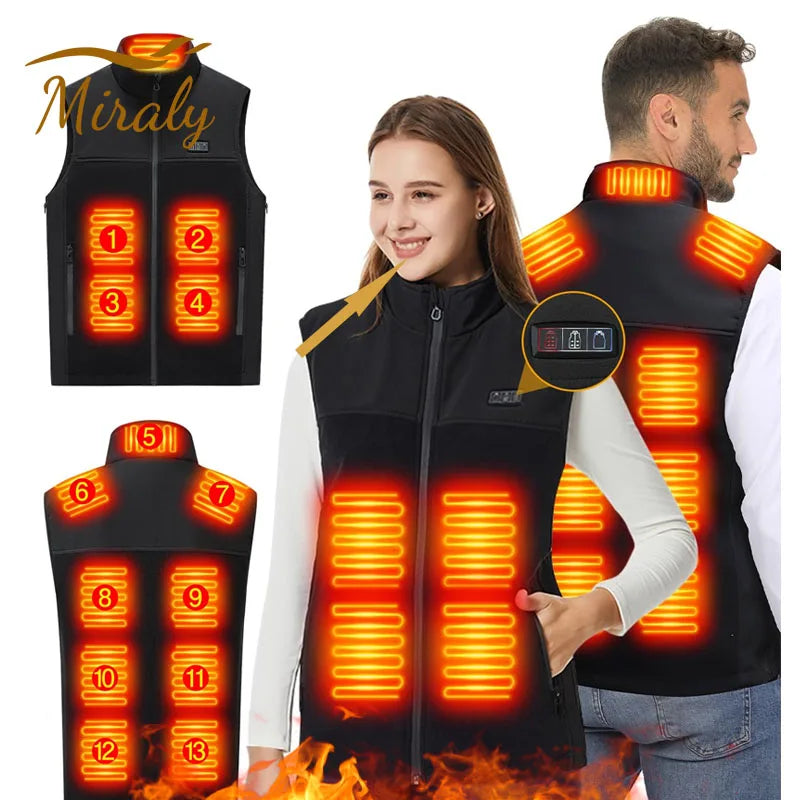 Gilet chauffant 21 zones porté par une femme et un homme, zones chauffantes visibles