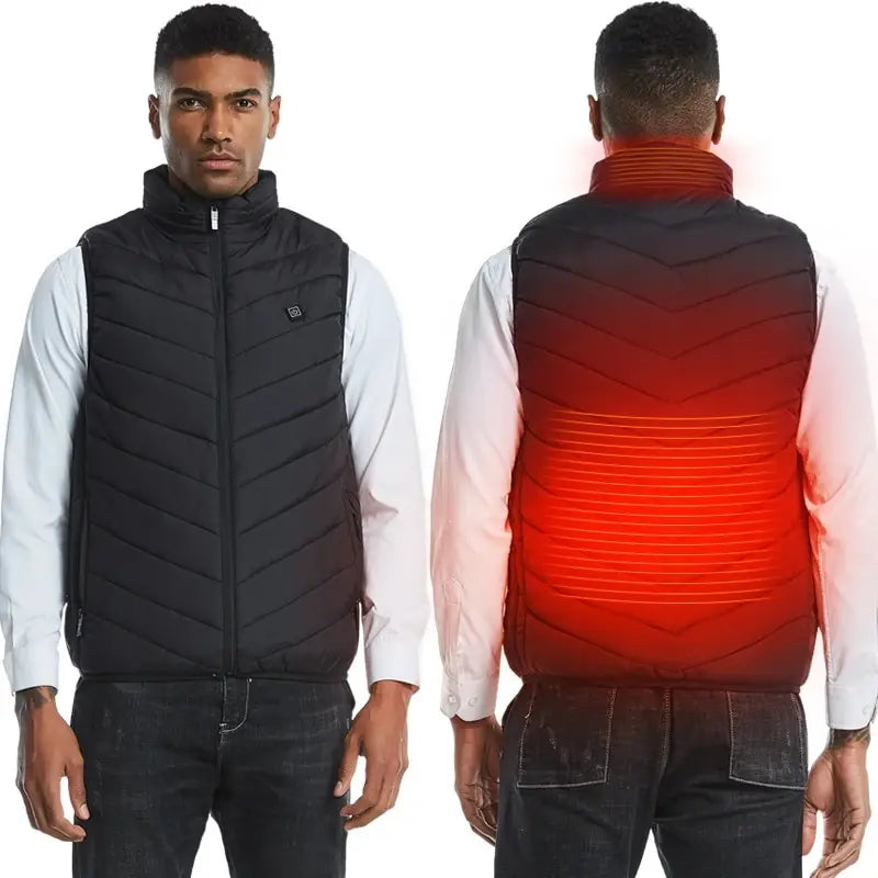 Gilet chauffant Braise Poste noir porté, vue de face et de dos avec la chaleur diffusée dans le dos