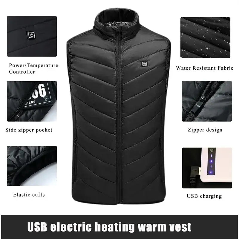 Détails du gilet chauffant : bouton de réglage, poches zippées, tissu déperlant et connexion USB